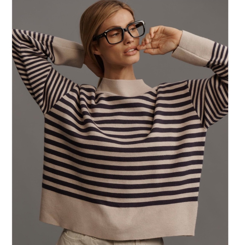 MAEVE Anthropologie The Carys Mock-Neck Sweater Mauve Grey Size XS Striped